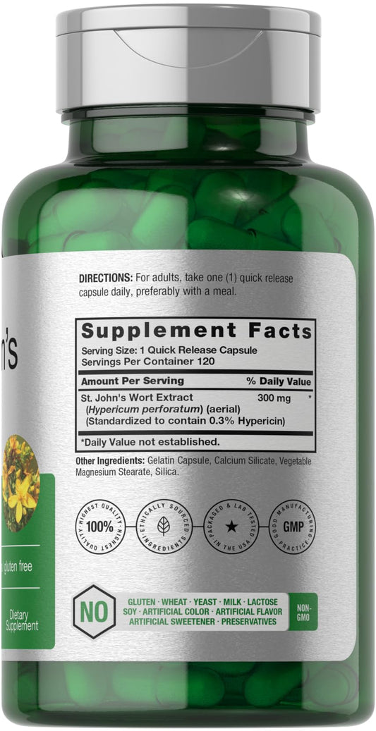 Horbäach St. John's Wort Capsules 300mg | 120 Count | Gluten Free & Non-GMO | Herbal Extract