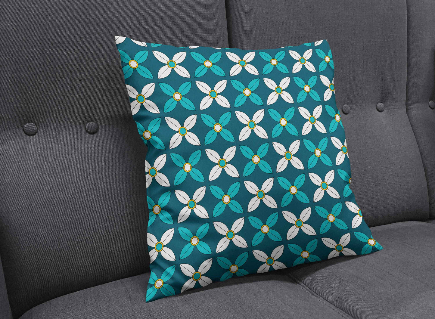 Dark Blue Cushion with White and Blue Geometric Floral Design, Throw Pillow