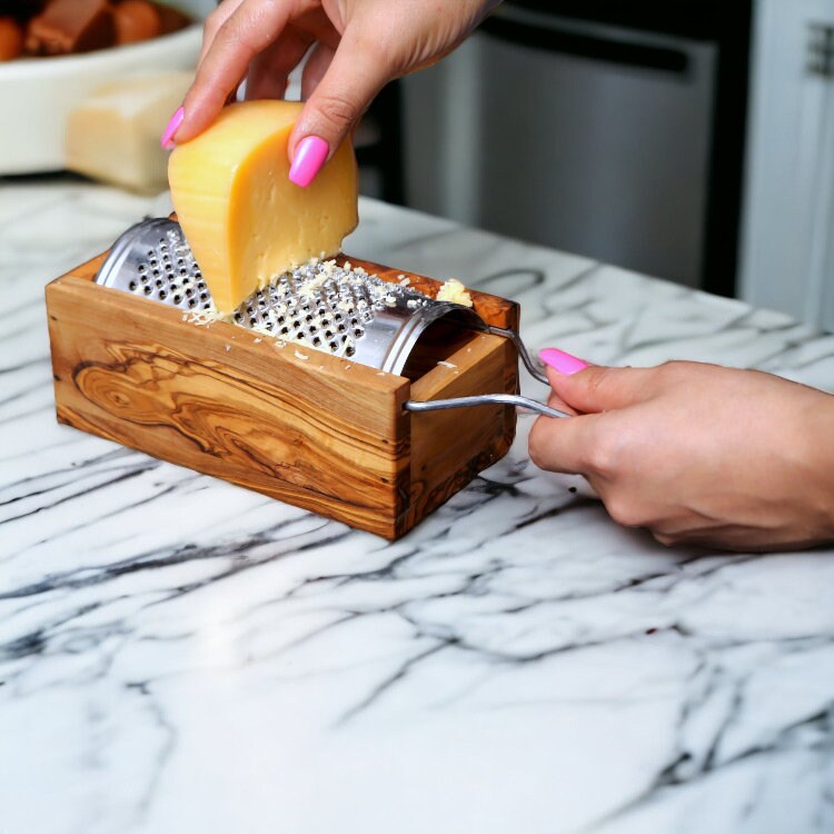 Olive Wood Cheese Grater with Box | Stainless Steel Handheld Rotary Shredder