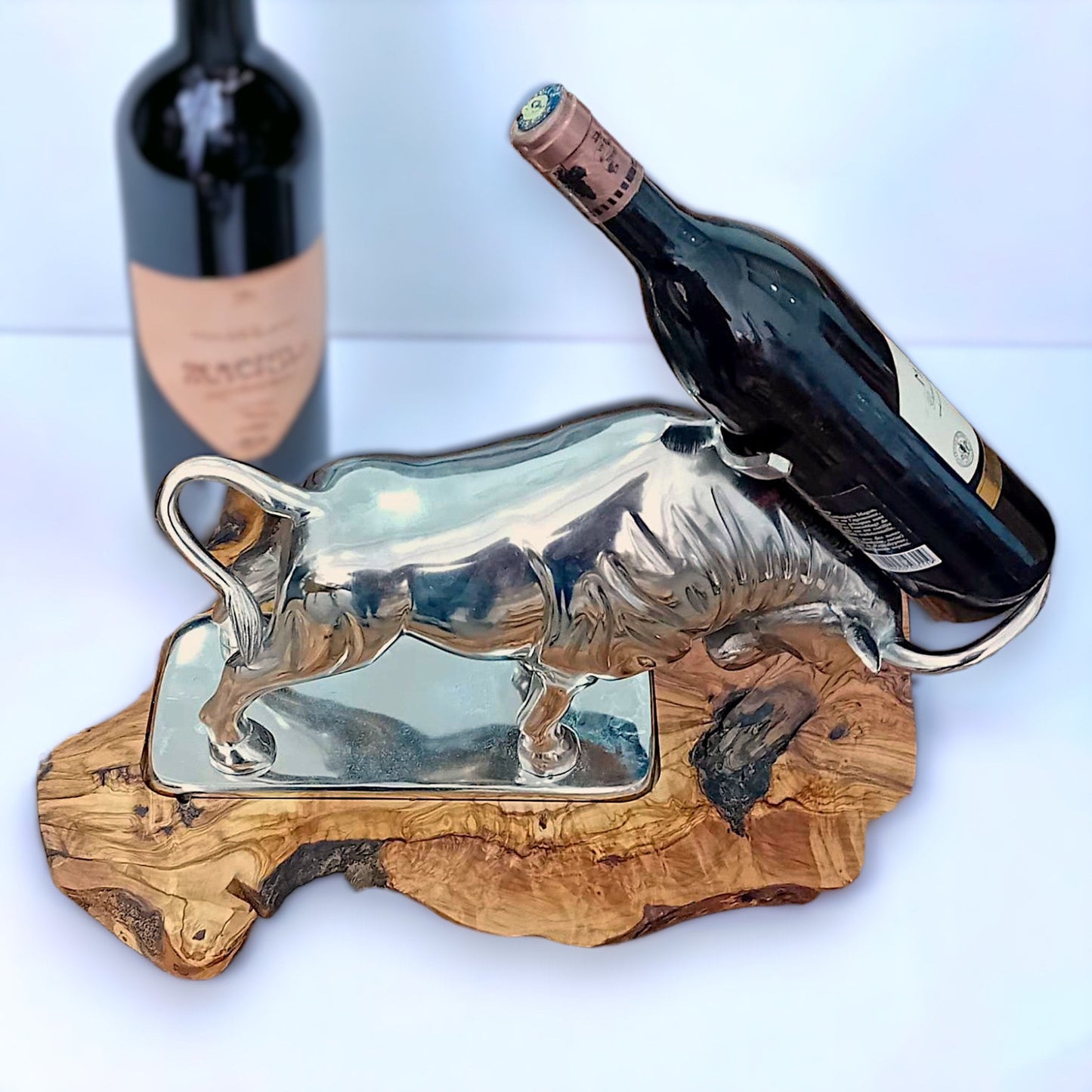 Wall Street Charging Bull Wine Bottle Holder | Luxury Olive Wood Base Bar Decor