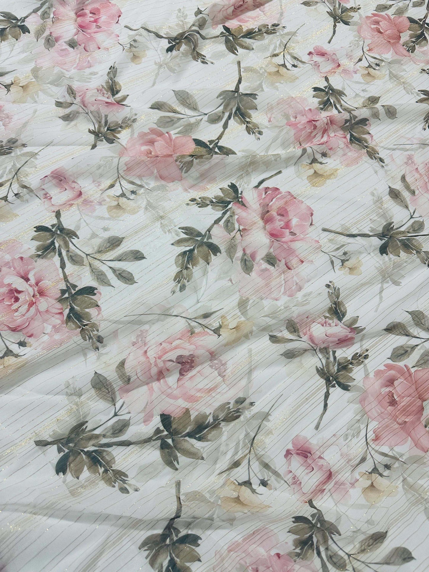 Gold Striped Floral Print Fabric by Metre