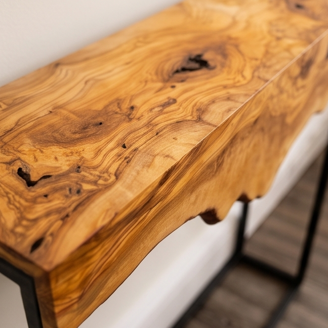 Luxury Live Edge Olive Wood Console Table - Slim Industrial Entryway Table