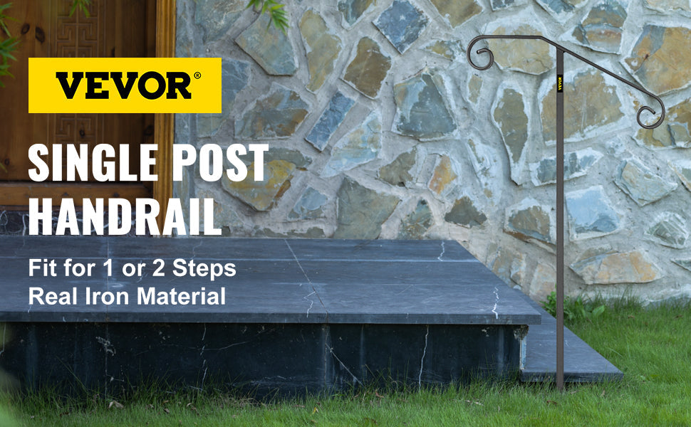 VEVOR Single Post Wrought Iron Handrail Post Mount Step Grab Supports in Ground Long Post Fits 1 or 2 Steps Grab Rail Single