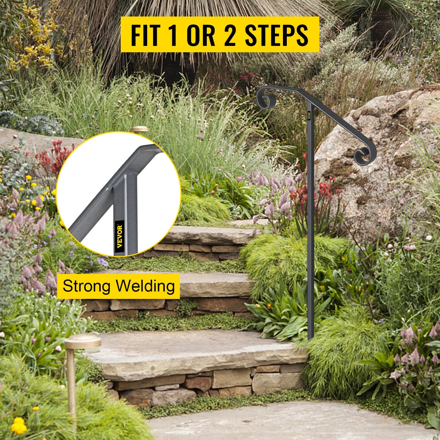 VEVOR Single Post Wrought Iron Handrail Post Mount Step Grab Supports in Ground Long Post Fits 1 or 2 Steps Grab Rail Single