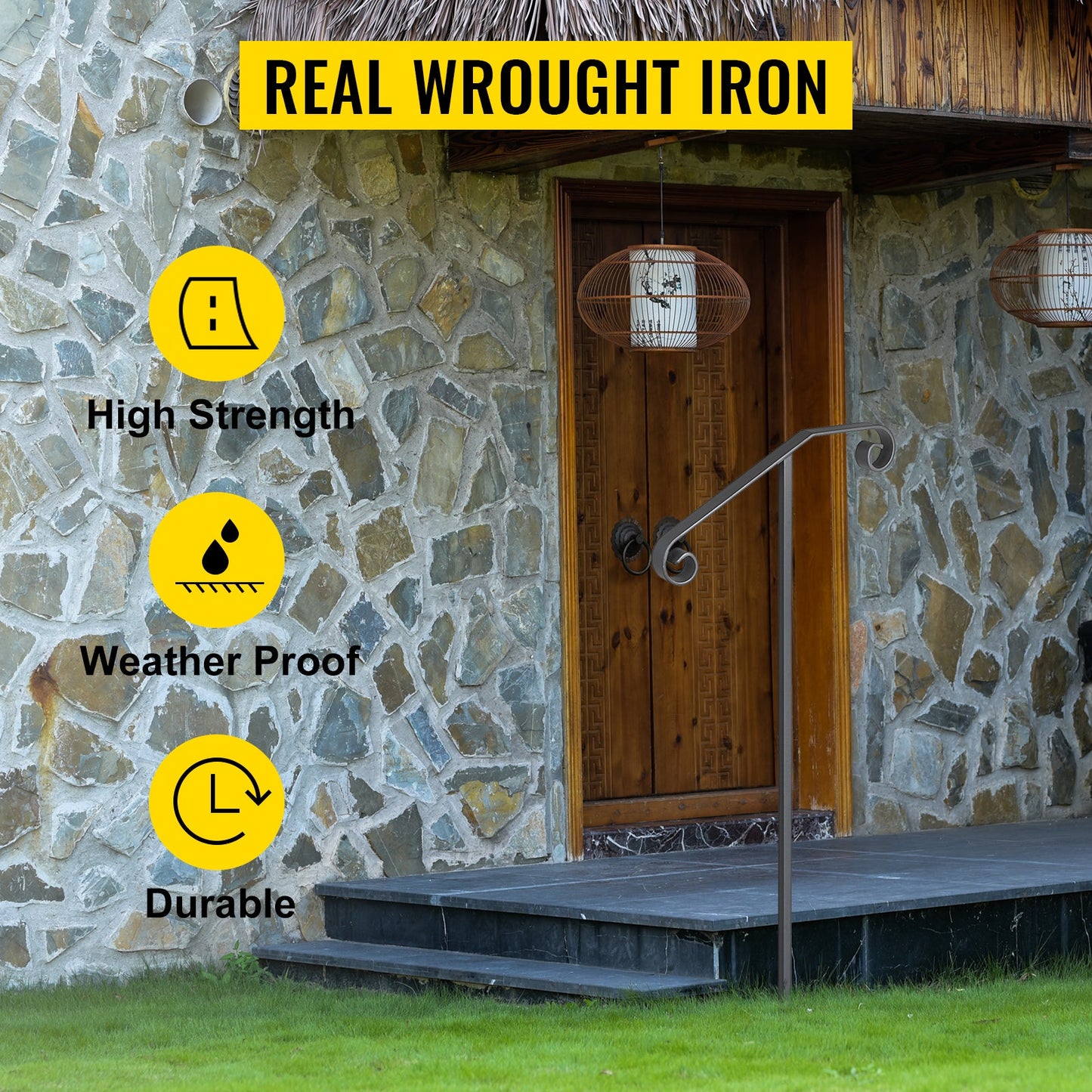 VEVOR Single Post Wrought Iron Handrail Post Mount Step Grab Supports in Ground Long Post Fits 1 or 2 Steps Grab Rail Single