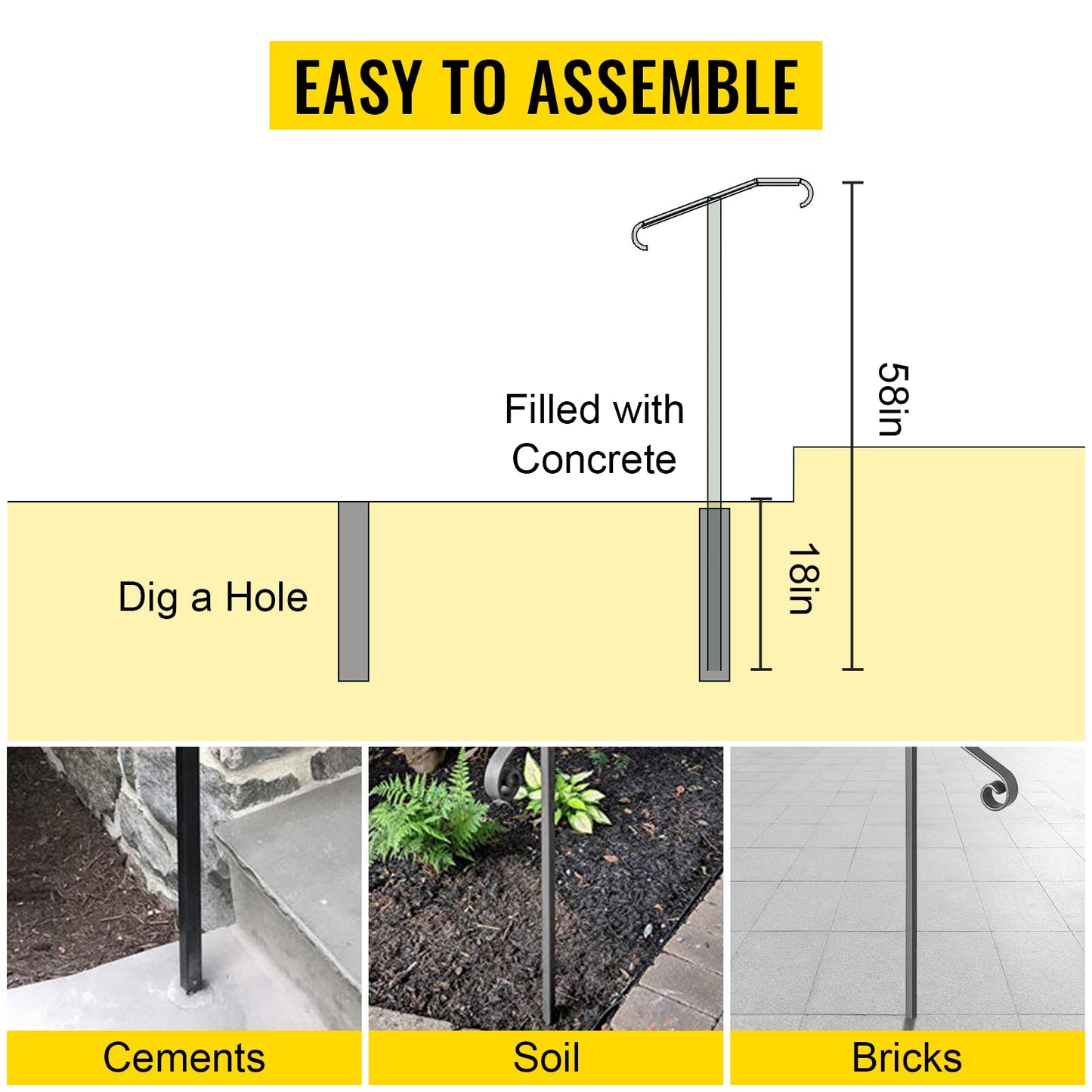 VEVOR Single Post Wrought Iron Handrail Post Mount Step Grab Supports in Ground Long Post Fits 1 or 2 Steps Grab Rail Single