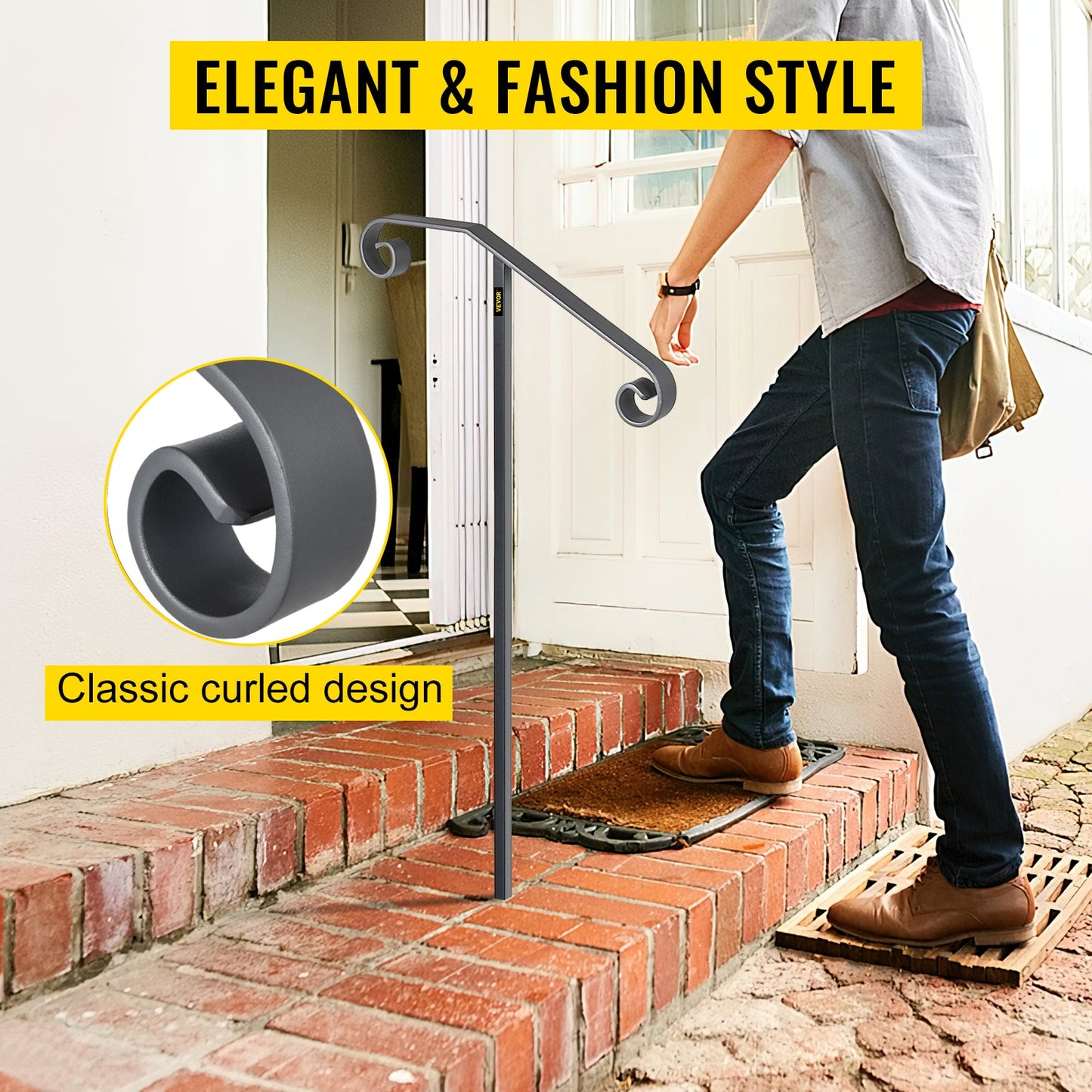 VEVOR Single Post Wrought Iron Handrail Post Mount Step Grab Supports in Ground Long Post Fits 1 or 2 Steps Grab Rail Single