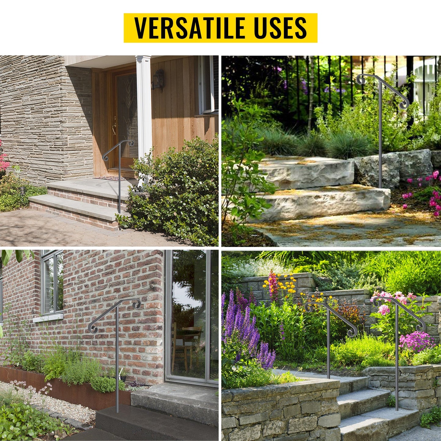 VEVOR Single Post Wrought Iron Handrail Post Mount Step Grab Supports in Ground Long Post Fits 1 or 2 Steps Grab Rail Single