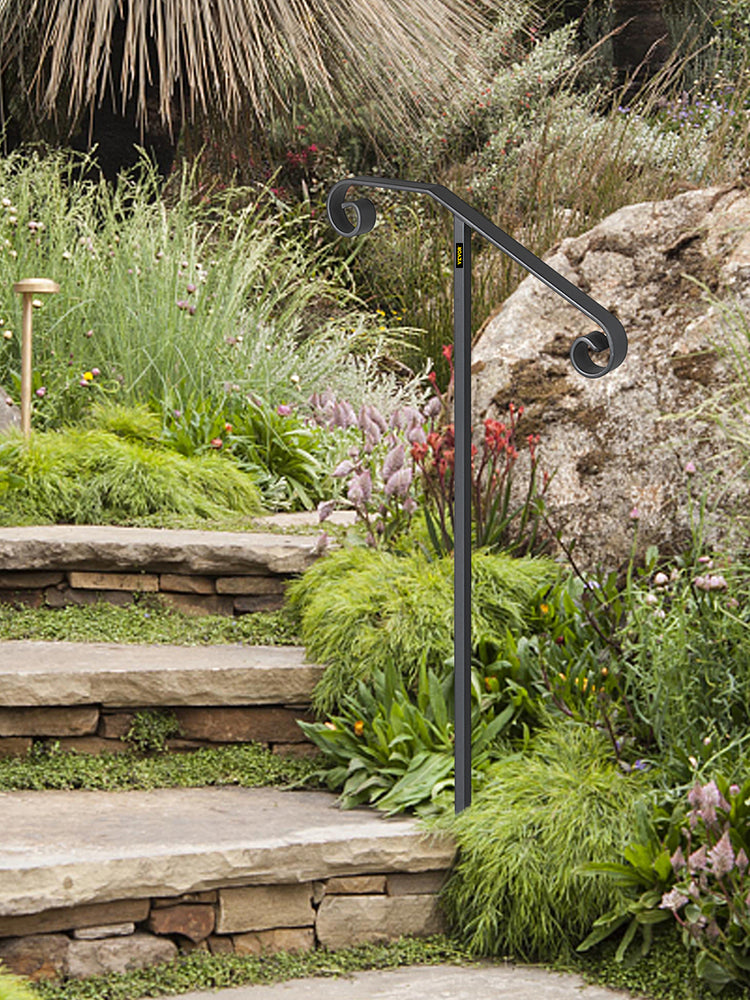 VEVOR Single Post Wrought Iron Handrail Post Mount Step Grab Supports in Ground Long Post Fits 1 or 2 Steps Grab Rail Single