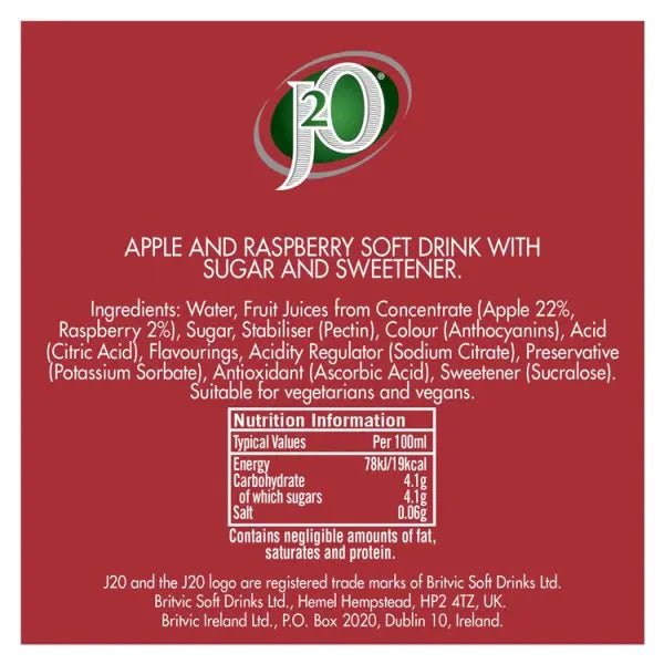 J2O Apple & Raspberry 275ml (Case of 12)