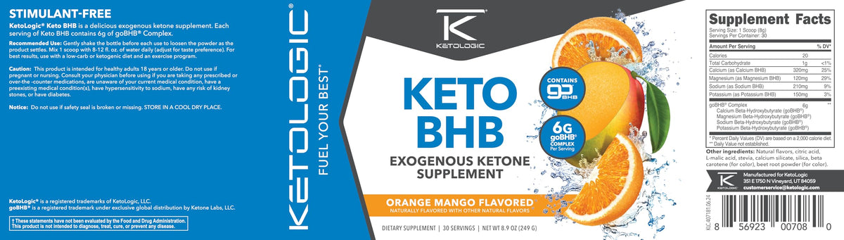 Ketologic Keto BHB Orange Mango – 30 Servings | Exogenous Ketone Supplement with goBHB