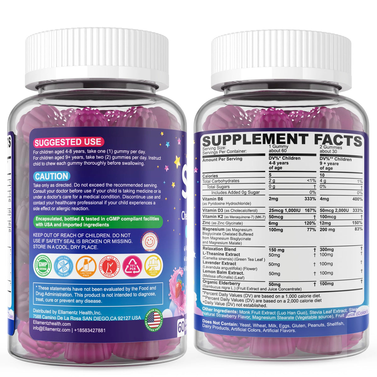 Kids Sleep Gummies - NO Melatonin Sleep Aid with Magnesium Glycinate, Magnesium Malate, L-Theanine, Lavender, B6, Zinc, D3K2 | 2-Pack