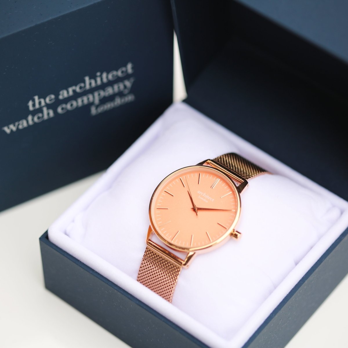 Ladies Archiect Coral - Handwriting Engraving, Rose Gold Mesh Strap