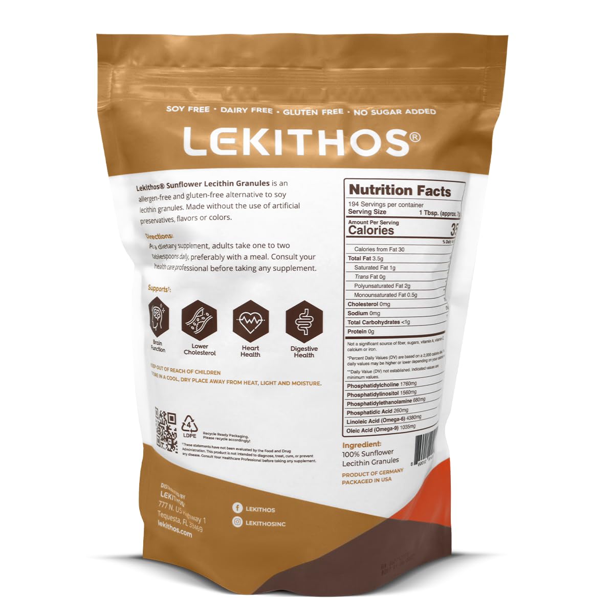Lekithos Sunflower Lecithin Granules - Vegan, 3lb, Gluten Free, Allergen Free