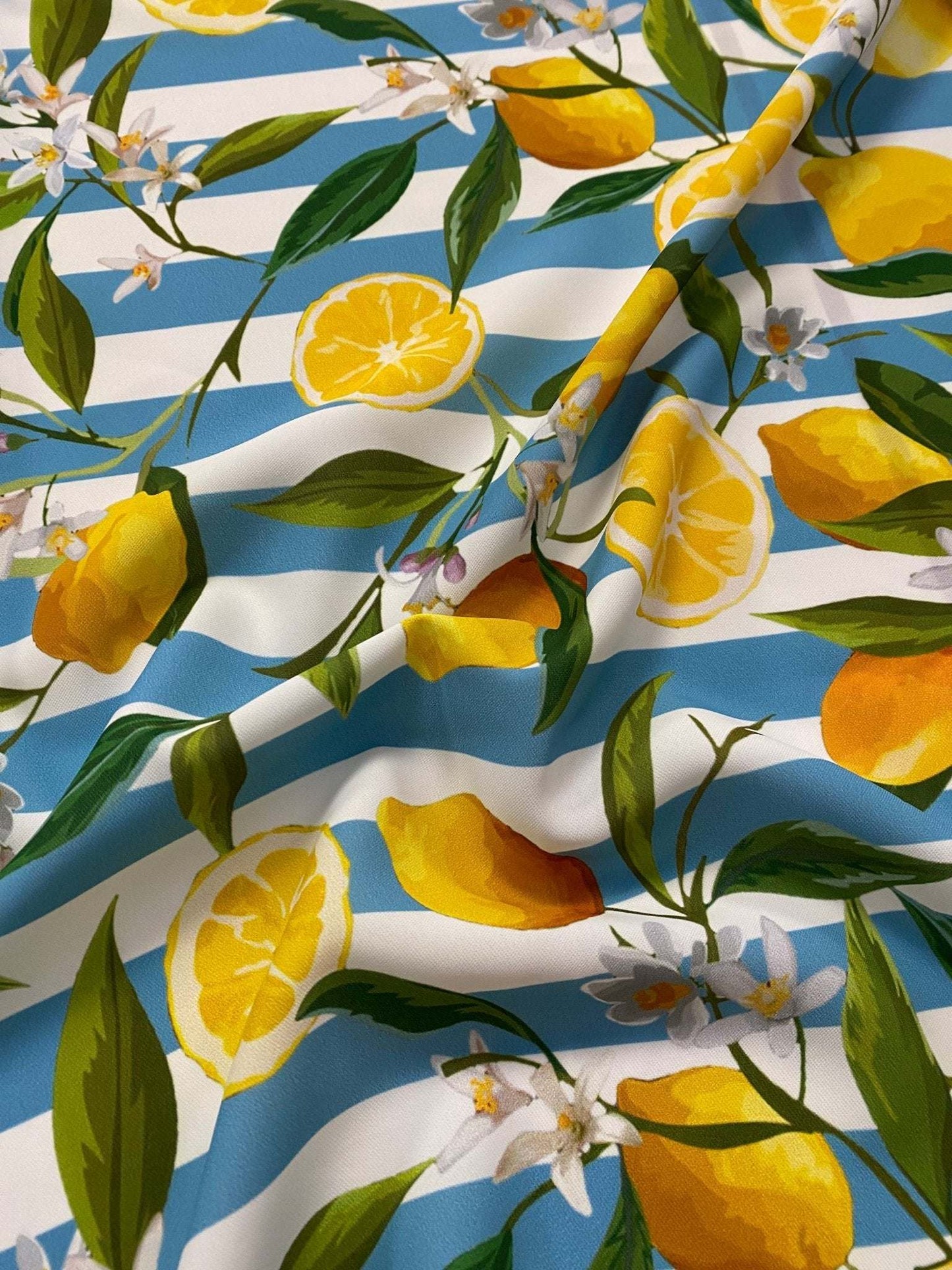 Lemon and Floral Print Fabric on Blue White Stripes Sold by Metre