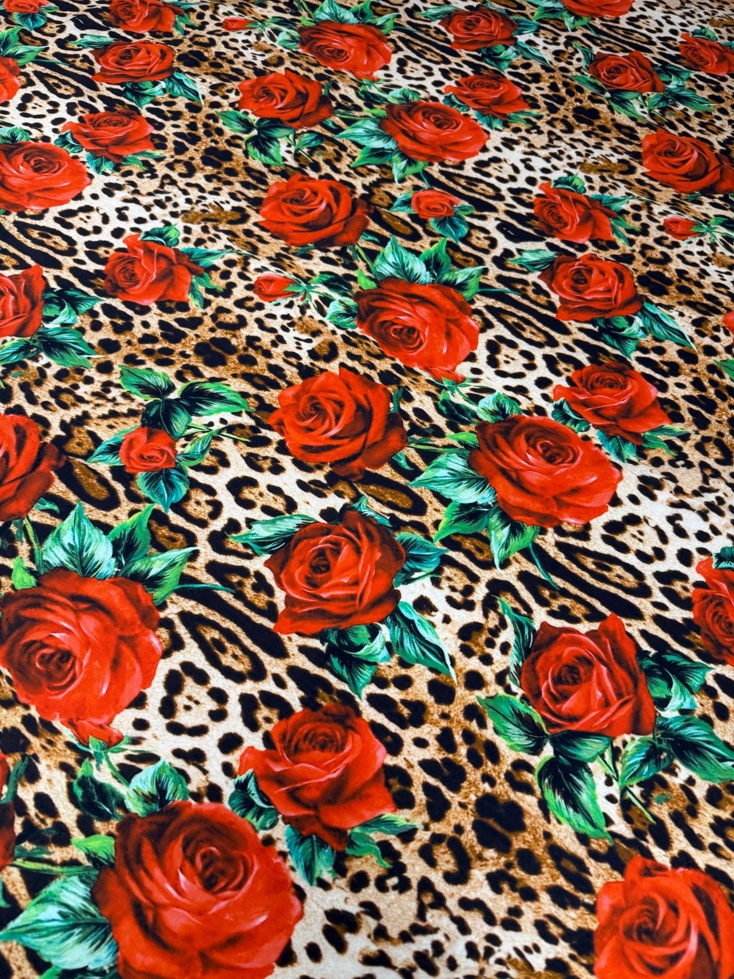 Leopard and Red Rose Pattern Fabric Sold by Metre