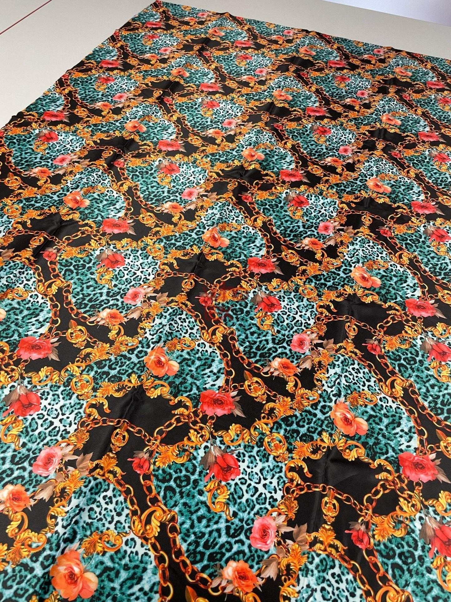 Leopard Print Fabric with Gold Chains and Floral Accentsn Fabric by Metre
