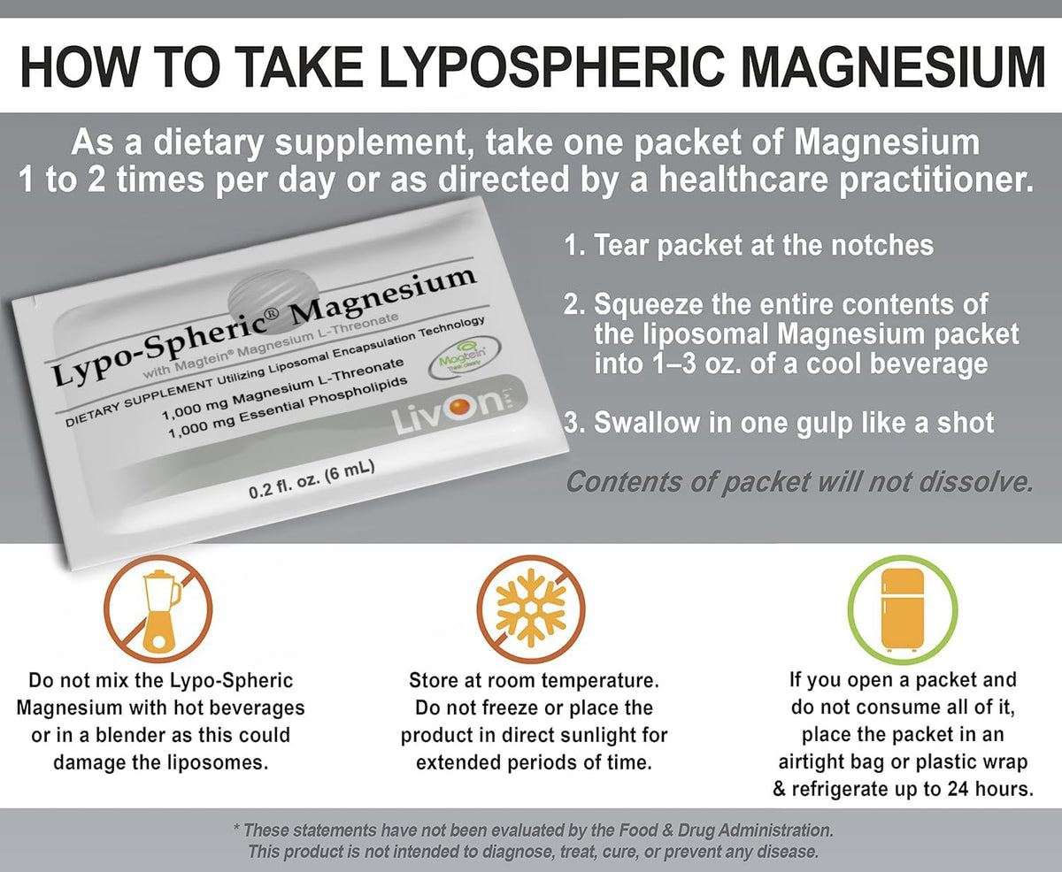 LivOn Lypo-Spheric Magnesium L-Threonate – 30 Packets, 77 mg/Packet, Liposome-Encapsulated