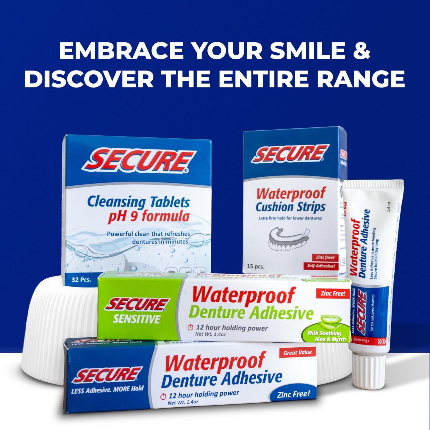 Secure Denture Adhesive with Aloe Vera & Myrrh - 12-Hour Waterproof Seal - 1.4 oz