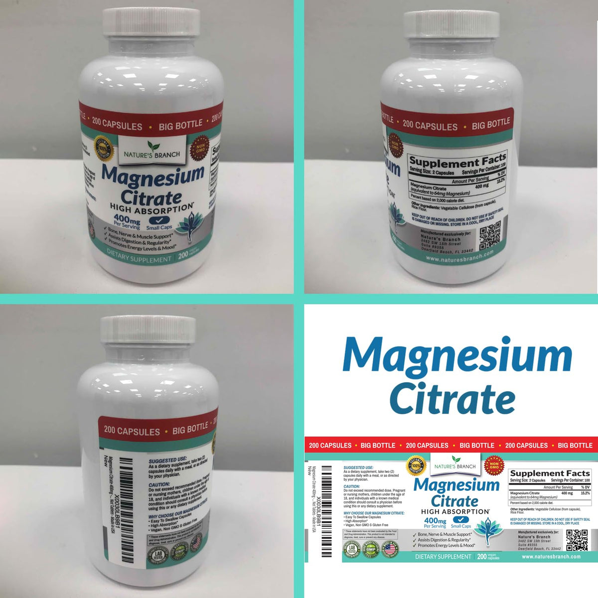 Magnesium Citrate 400mg - 200 Capsules | High Potency, Vegan, Made in USA