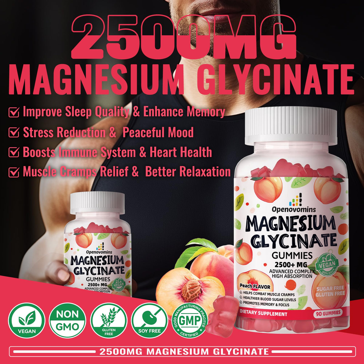Magnesium Glycinate Gummies 2500mg - Sugar Free Magnesium Potassium with Vitamin D, B6, CoQ10 | 90 Peach Gummies