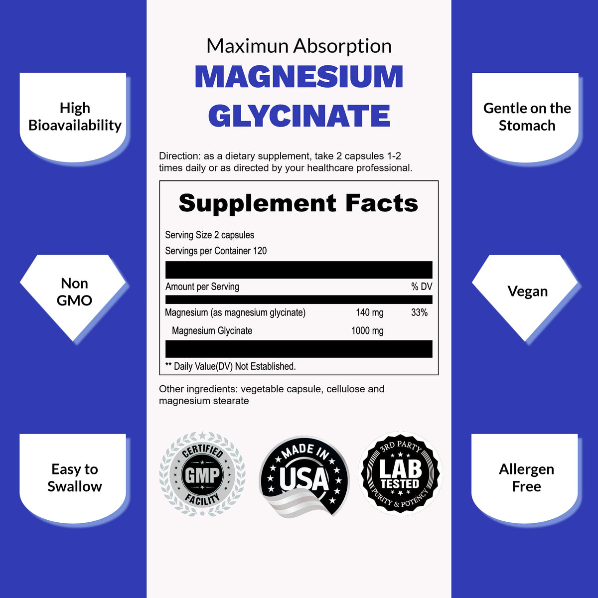 UpNourish Chelated Magnesium Glycinate 500mg – High-Absorption Magnesium for Calm, Leg Cramps & Muscle Relaxation | 960 Capsules (Two Bottles)