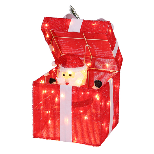30cm Motorized Pop-up Gift Box with Santa, Outdoor Christmas Decorations with Motor & 60 LED Lights, for Xmas Outdoor Holiday Indoor Decor Lighted Holiday Displays, Red