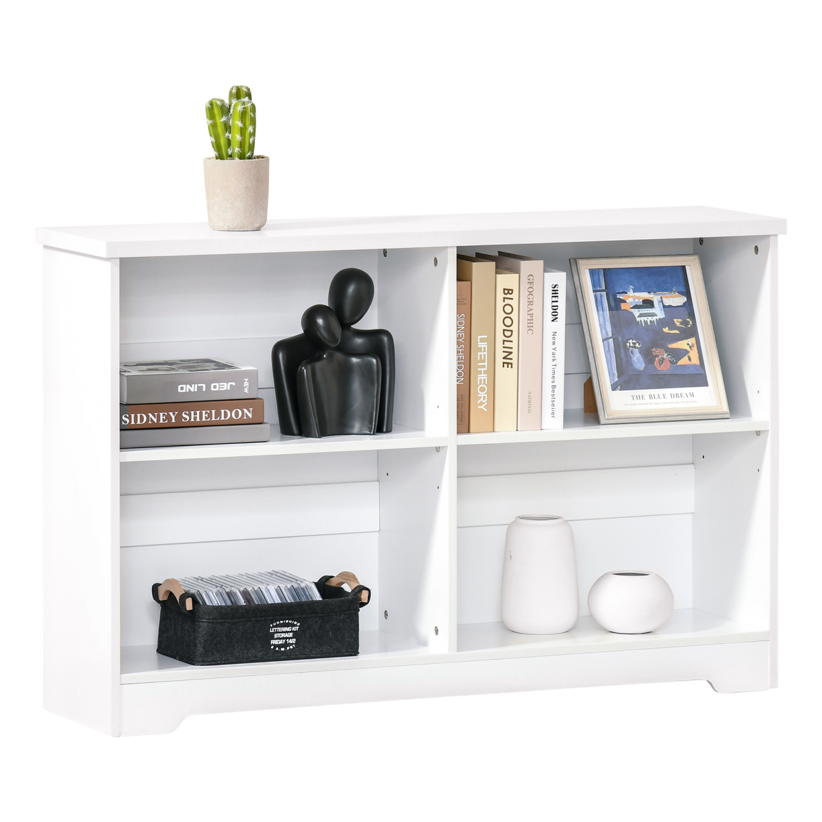 Simple Modern 4-Compartment Low Bookcase w/ Shelves Cube Display Office