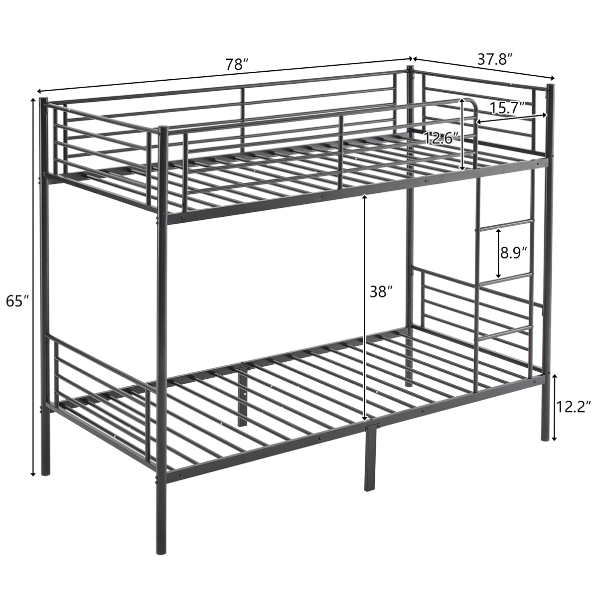 【 Same code 57955699】Twin Over Twin Bunk Bed for Kids Teens Adults, Heavy Duty Metal Bunk Bed with Ladder & Full-Length Guard Rail & Storage Space, Black