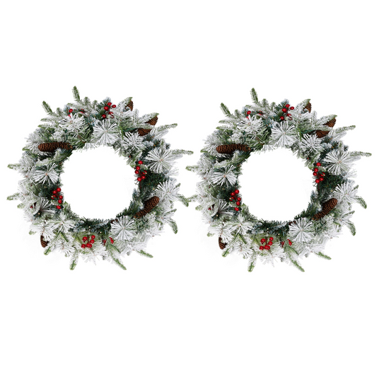 2 Pack 18in Pre-lit Snow Flocked Christmas Wreath, Lighted Artificial Xmas Wreath with 60 Warm Lights and 140 Tips and Red Berries Pine Cones, for Front Door Gate Wall Xmas Party Decorations