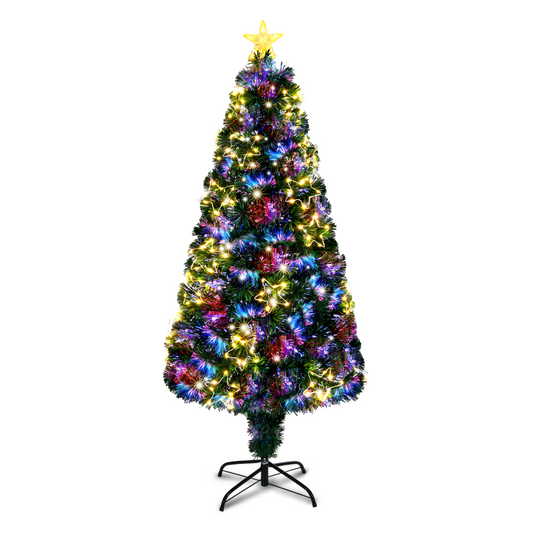 6 FT Pre-lit Fiber Optic Christmas Tree, Artificial Xmas Tree with Lighted Star Topper and Star Ornaments, Multicolor LEDs, Holiday Xmas Decoration Tree for Home Office Store Party, Green