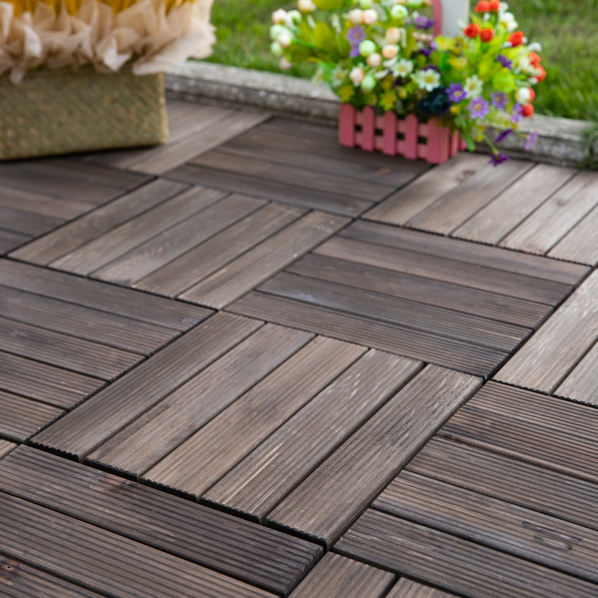 12" x 12" Interlocking Deck Tiles, Pack of 27 Outdoor Flooring Patio Tiles-Teak-AS