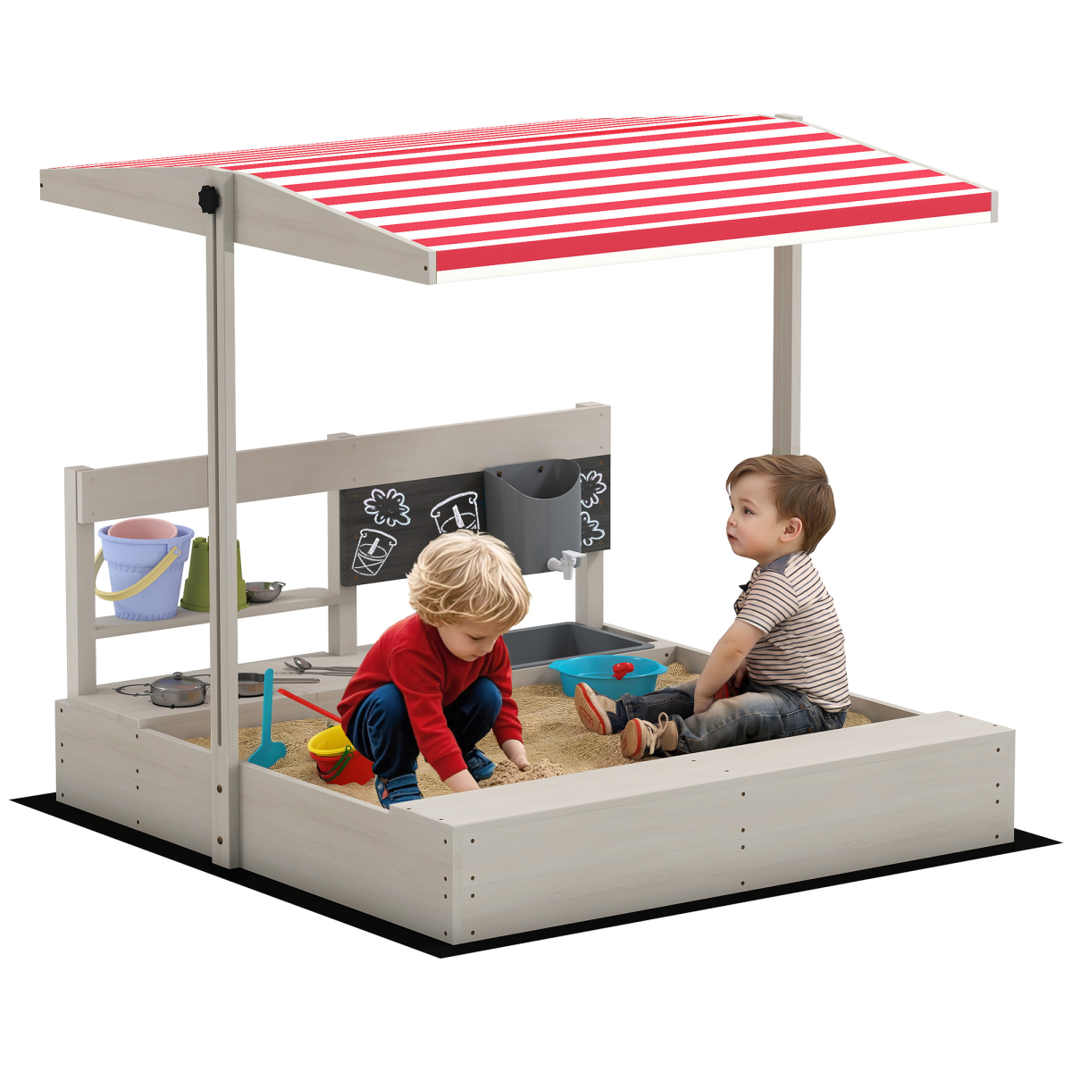 Outsunny Kids Wooden Sandbox w/ Canopy, Kitchen Toys, Seat, Storage, for Outdoor