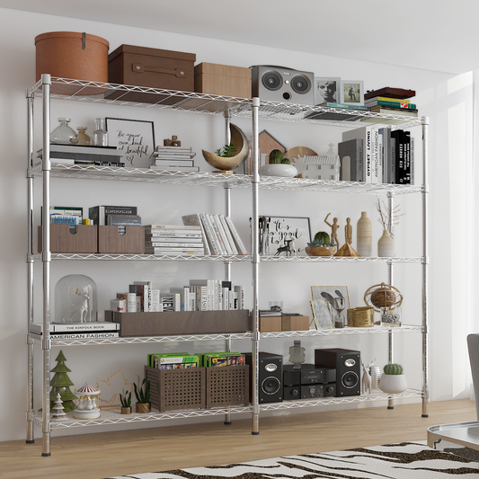 5-layer double row, freely adjustable layer spacing, with adjustable feet, display stand, iron, 147*35*180cm, chrome-plated