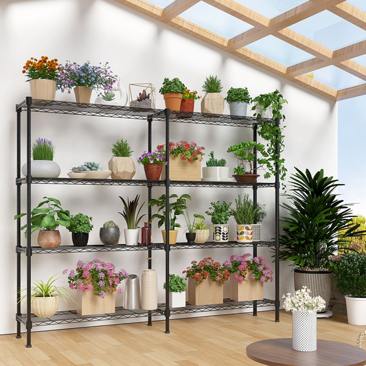 4-layer double row, freely adjustable layer spacing, with adjustable feet, display stand, iron, 147*35*150cm, powder-coated black