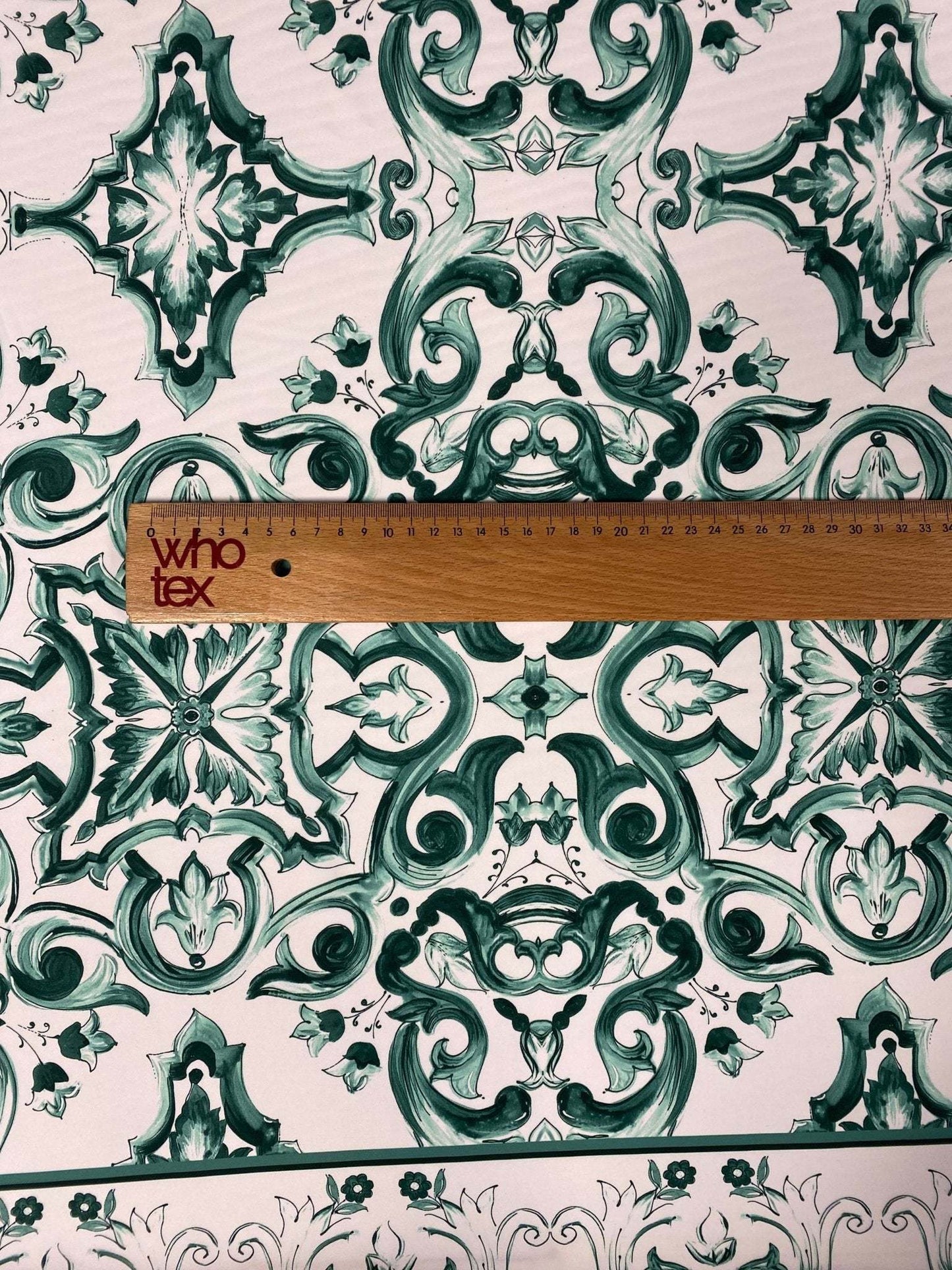 Majolica Floral Scroll Green White Fabric by the Metre