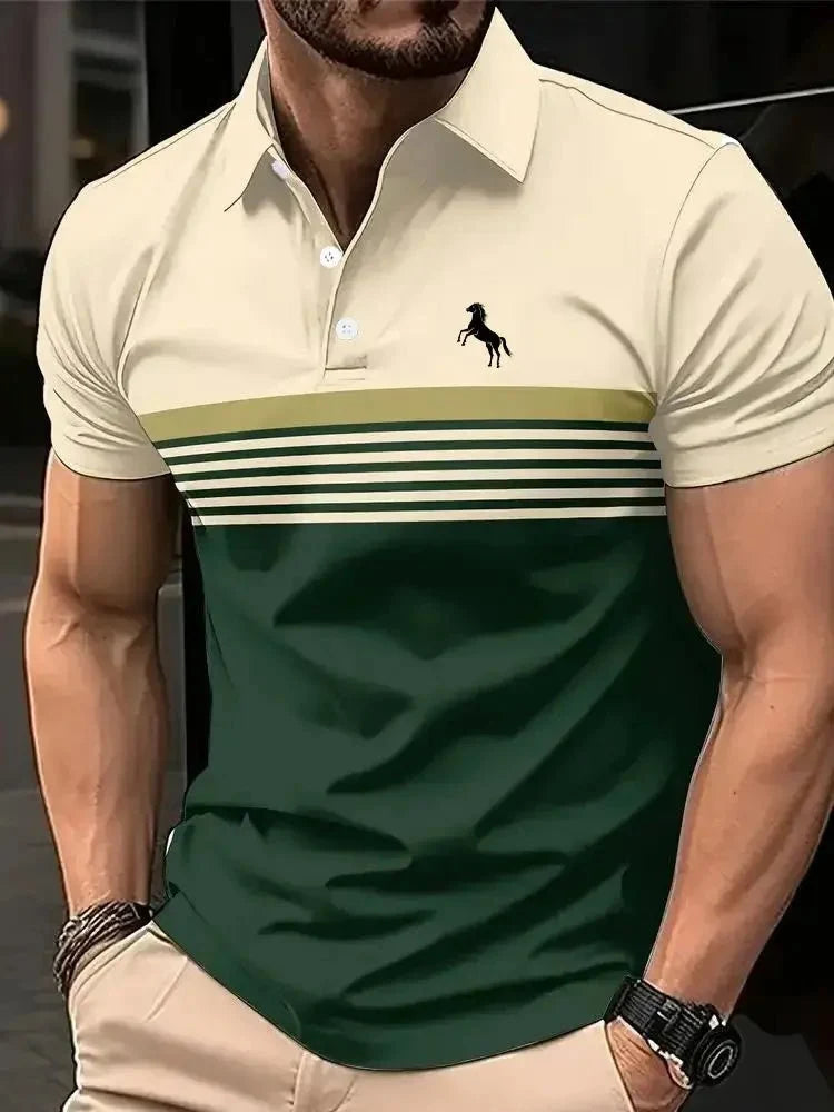 Men's 3D Horse Print Polo Shirt – Short Sleeve Striped Color Block Golf Shirt, Casual Sporty Summer Top