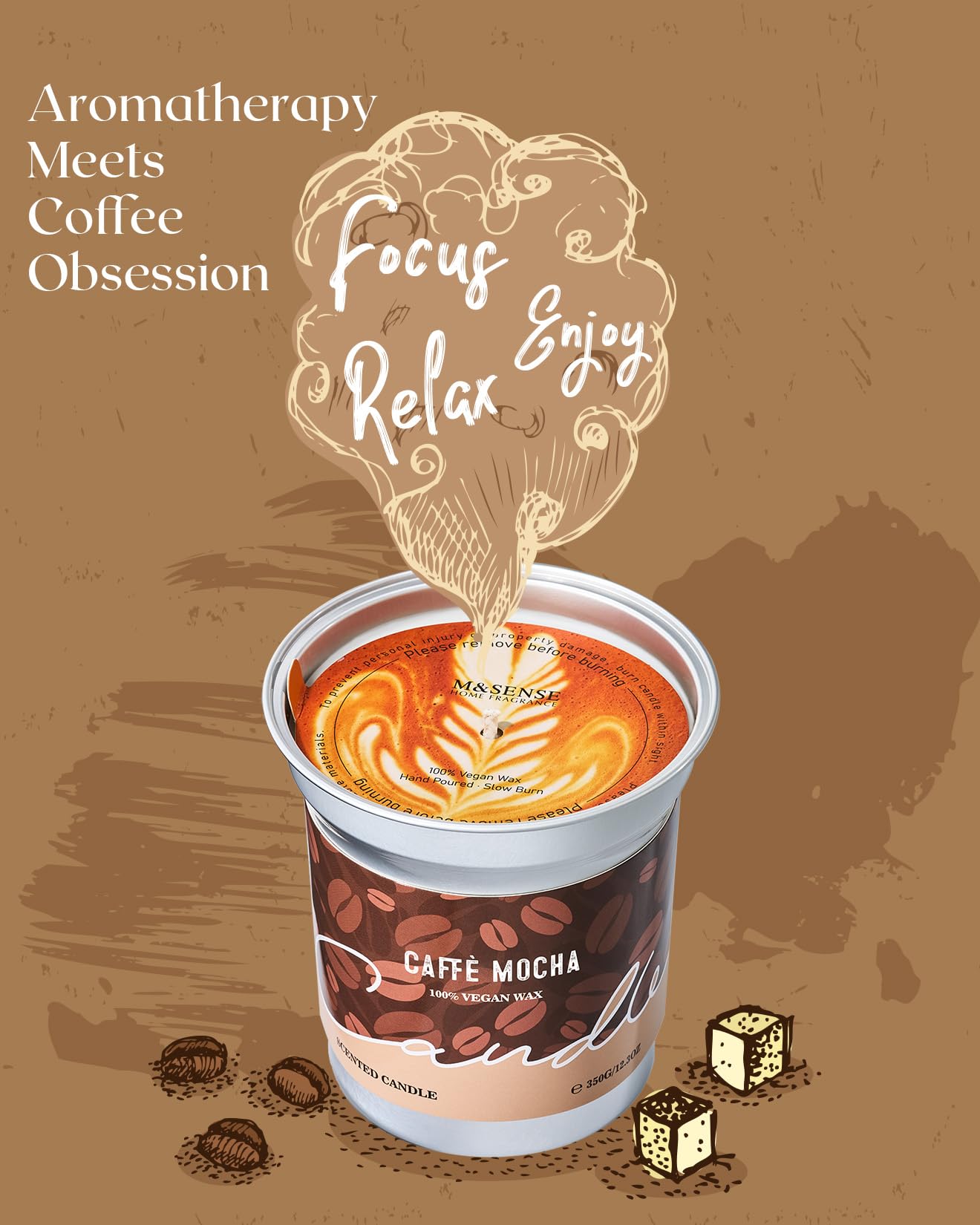 M&SENSE Mocha Coffee Scented Candle 12.3oz – Soy, Non-Toxic, 75h Burn