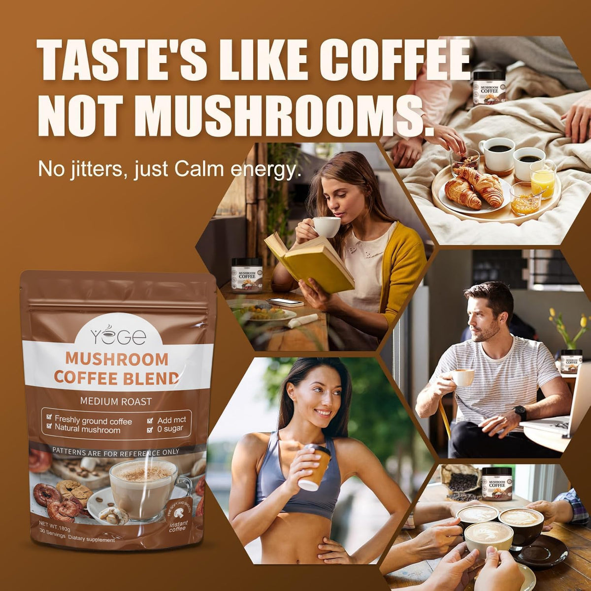 Mushroom Coffee with 6 Mushrooms (Cordyceps, Reishi, Lion's Mane, Shiitake, Turkey Tail, King Trumpet) โ Instant Coffee Powder for Energy, Focus & Immune Support | 30 Servings