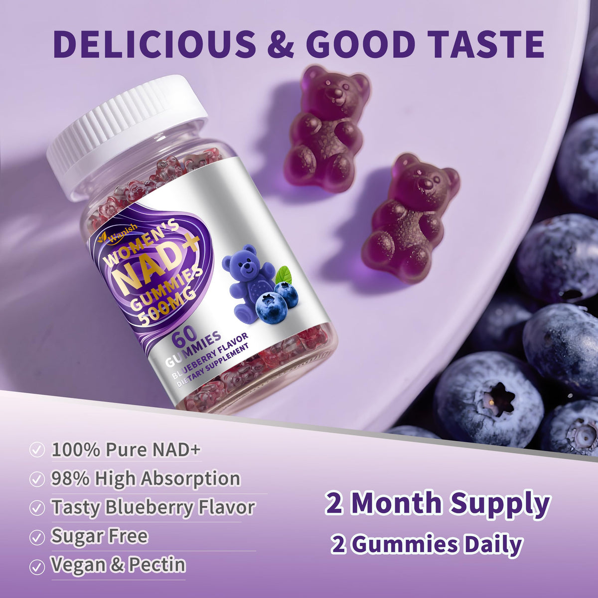 3 Pack NAD Gummies for Women - 500mg NAD, Vegan, Sugar-Free, Blueberry