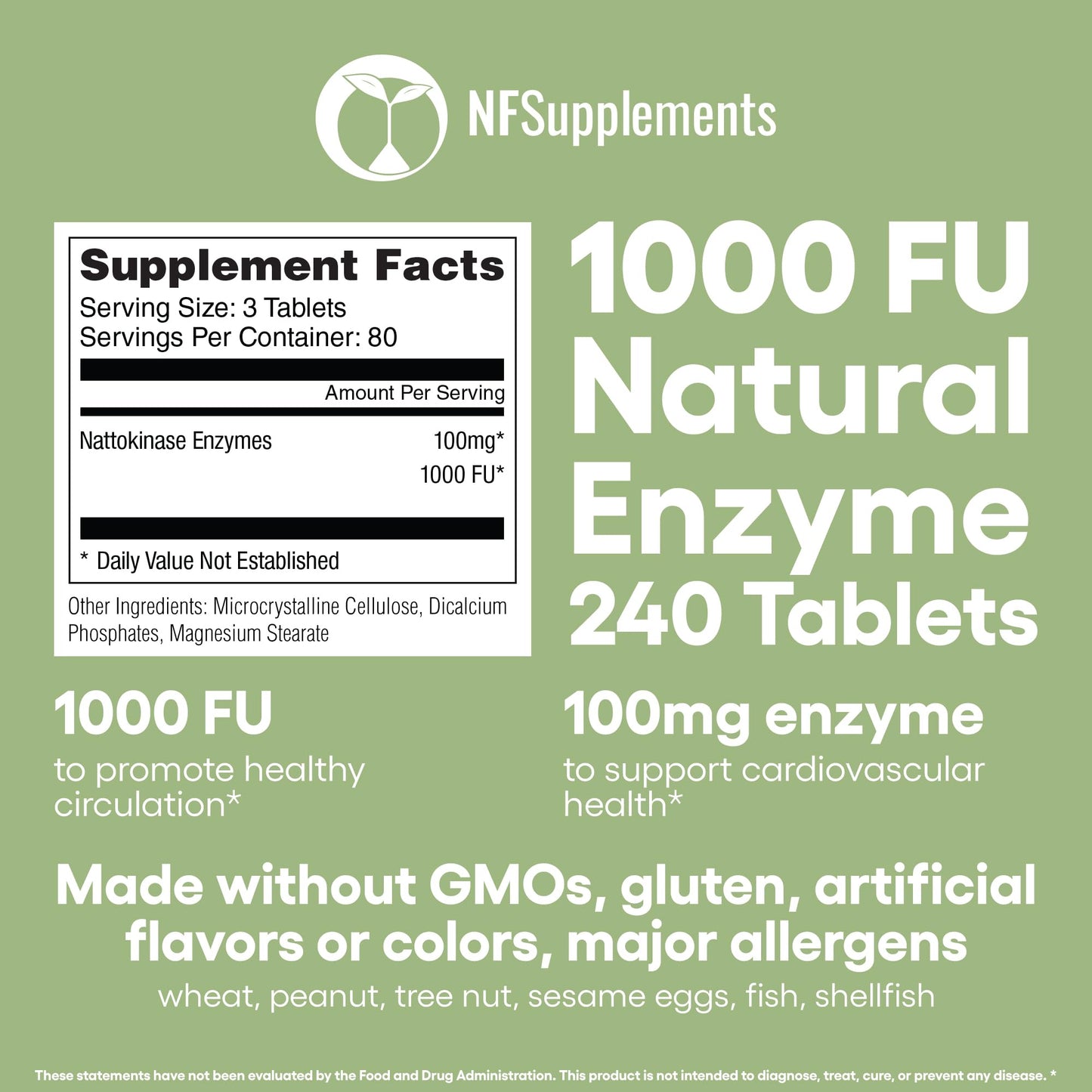 Nattokinase Enzymes Supplement - 240 Tablets, 1000 FU, Gluten Free, Non-GMO, Vegan