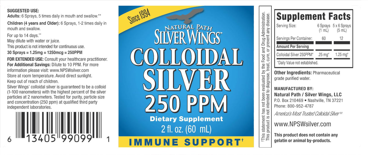 Natural Path Silver Wings Colloidal Silver Liquid - Enhanced Immune Support Supplement - 250ppm (1250mcg) - 2oz Spray