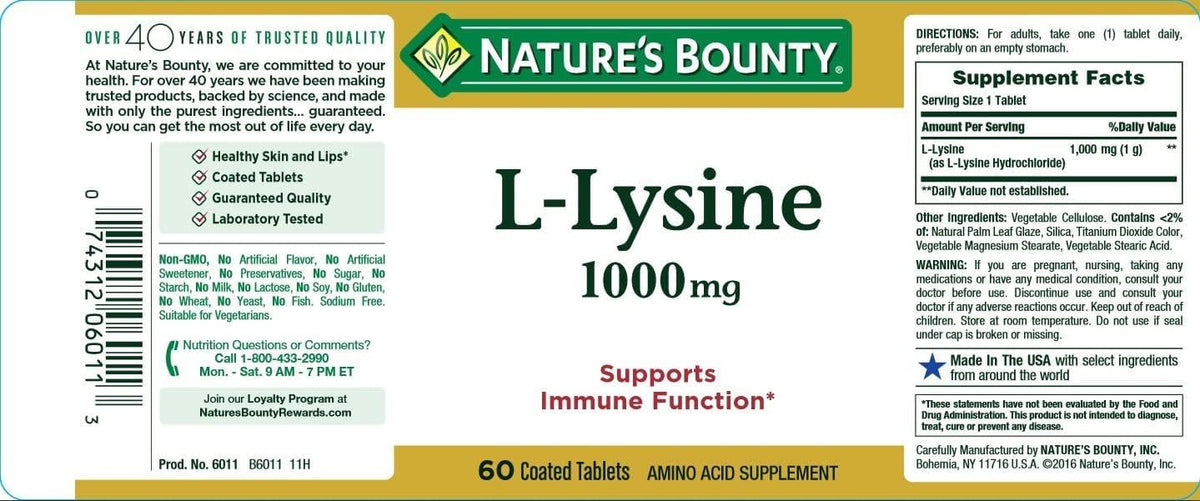 Nature's Bounty L-Lysine 1000 mg Tablets – 60 ea (Pack of 4)