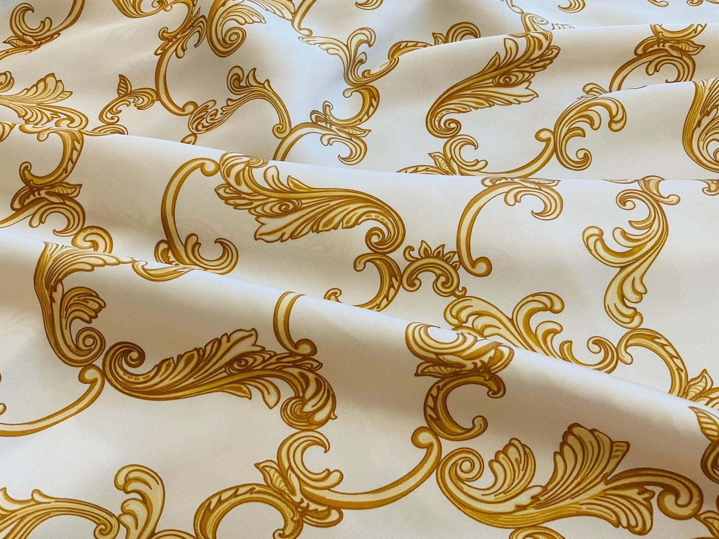 Baroque Scroll Print Gold Cream Fabric by the Metre
