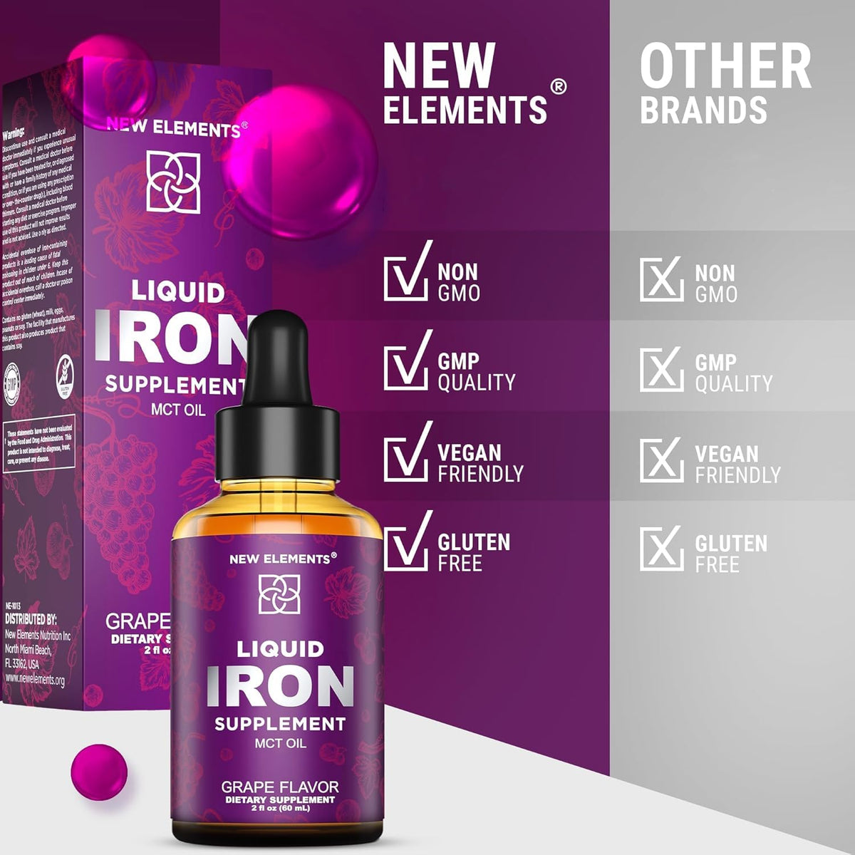 Iron Supplement for Women & Men ā Liquid Drops (2oz) with MCT Oil, Natural Grape Flavor, Immune Support