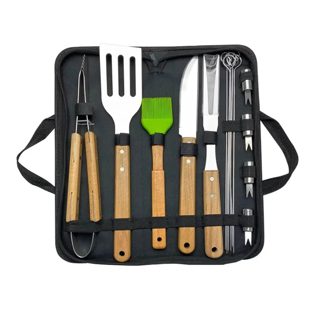 Outdoor BBQ Tool Set – Stainless Steel Grill Accessories with Wooden Handle Fork, Shovel, Clip & Cloth Bag for Camping Barbecue