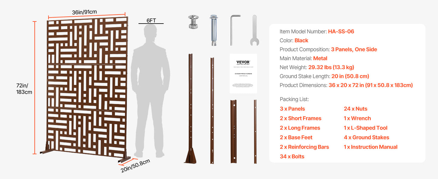 VEVOR Metal Privacy Screen Freestanding Outdoor Divider with Stand 3-Panel Decorative Garden Steel Privacy Fence for Balcony