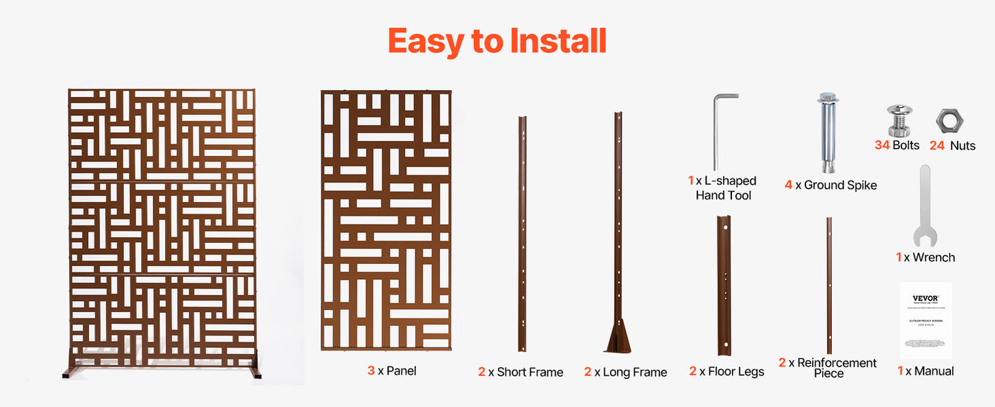 VEVOR Metal Privacy Screen Freestanding Outdoor Divider with Stand 3-Panel Decorative Garden Steel Privacy Fence for Balcony