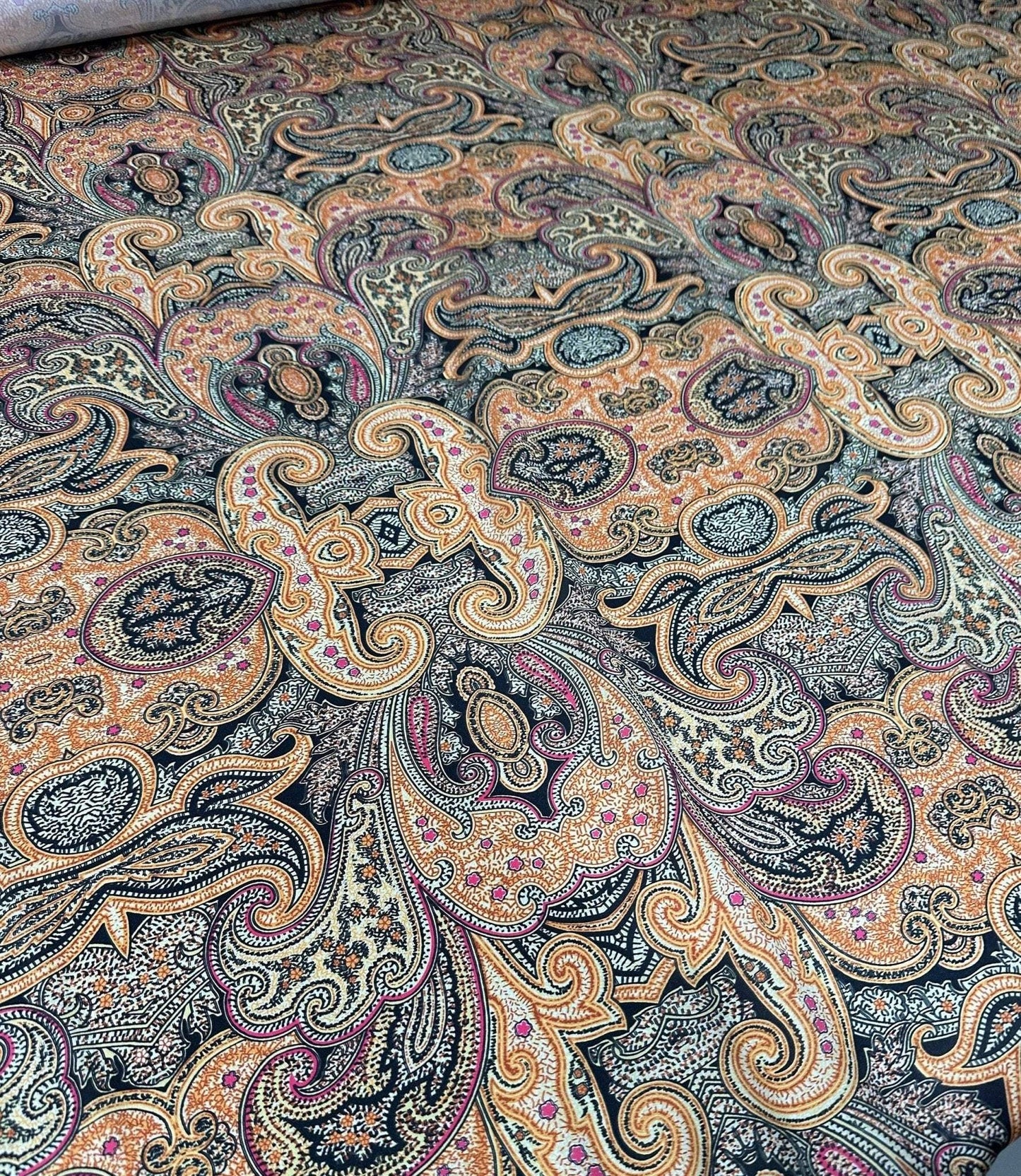 Black and Orange Paisley Fabric By Metre