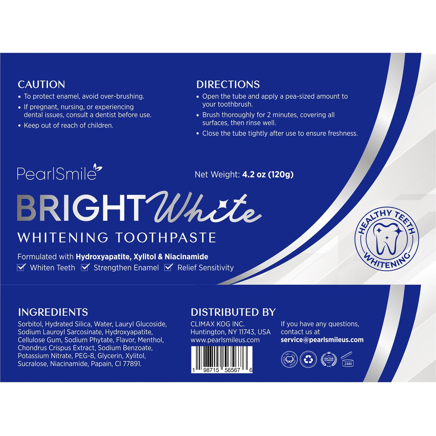 PearlSmile Hydroxyapatite Niacinamide Whitening Toothpaste – 10% nHAp, 5% Niacinamide, Fluoride-Free, 4.2oz (2-Pack)